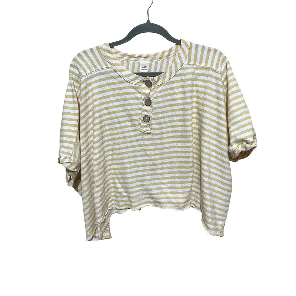Love Vintage Yellow White‎ Striped Cropped Henley Top Boxy Oversized-Coastal
